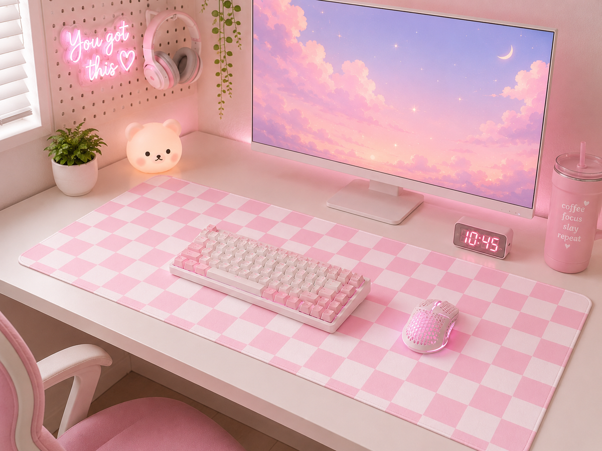 Checkered Pink and White Gaming Mouse Pad